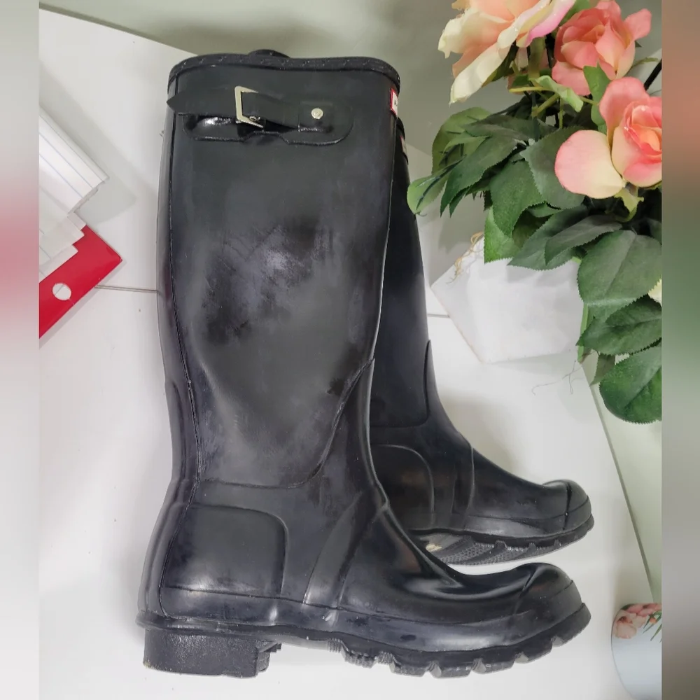 Hunter Womens 38 7 7.5 Original Tall Gloss Black Wellies Rain Boots - Picture 8 of 9